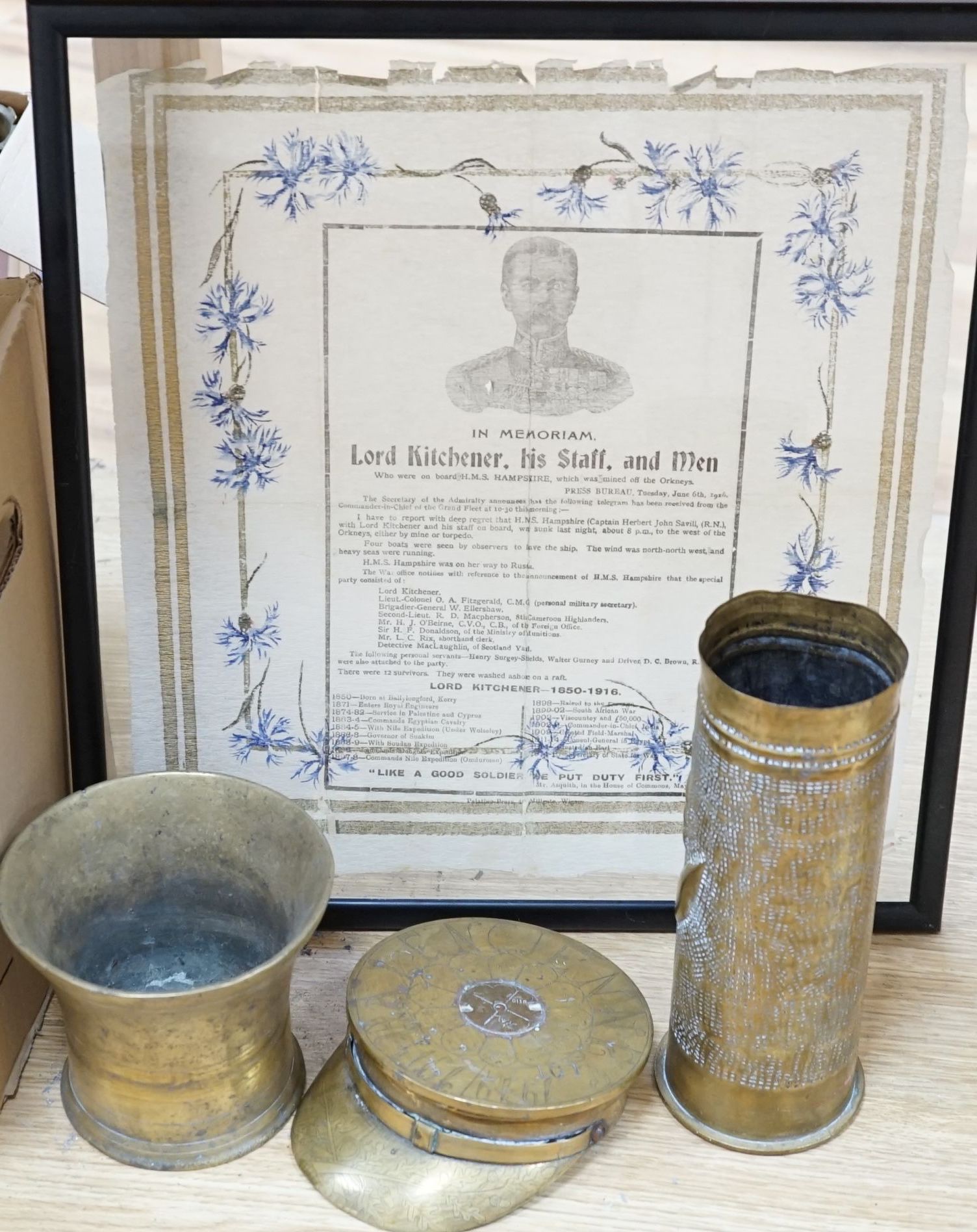 A collection of trench art, a Kitchener framed printed panel and an Egypt 1915 embroidered silk panel